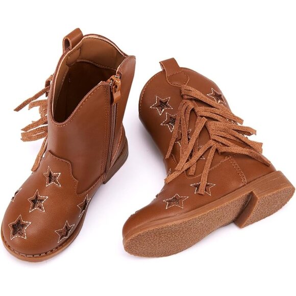 ⚡Girls 1-Brown Microfiber Little Kids Mid Calf Western Pointed Toe Riding Boots - Picture 4 of 6